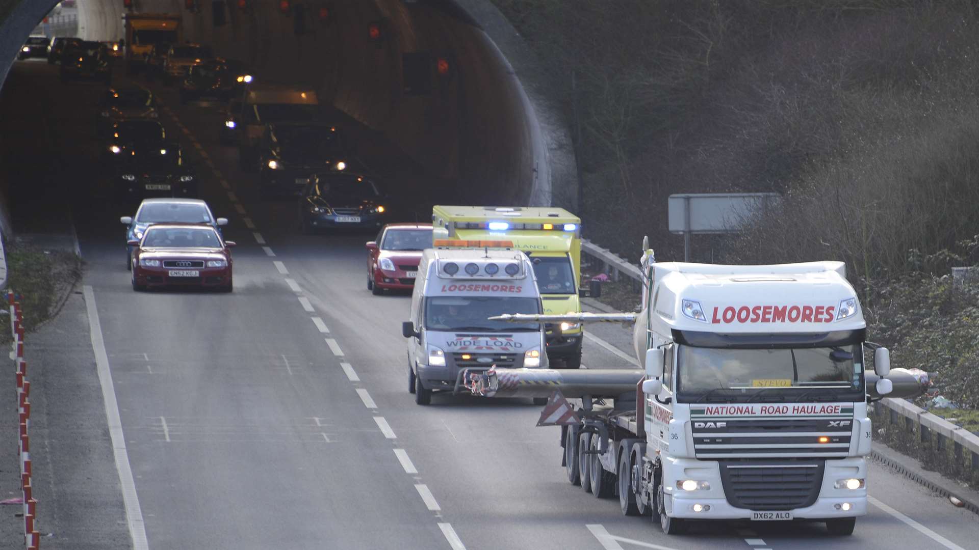 The convoy for the Boulton Paul Defiant repilica plane, coming out if the Folkestone Round Hill Tunnel