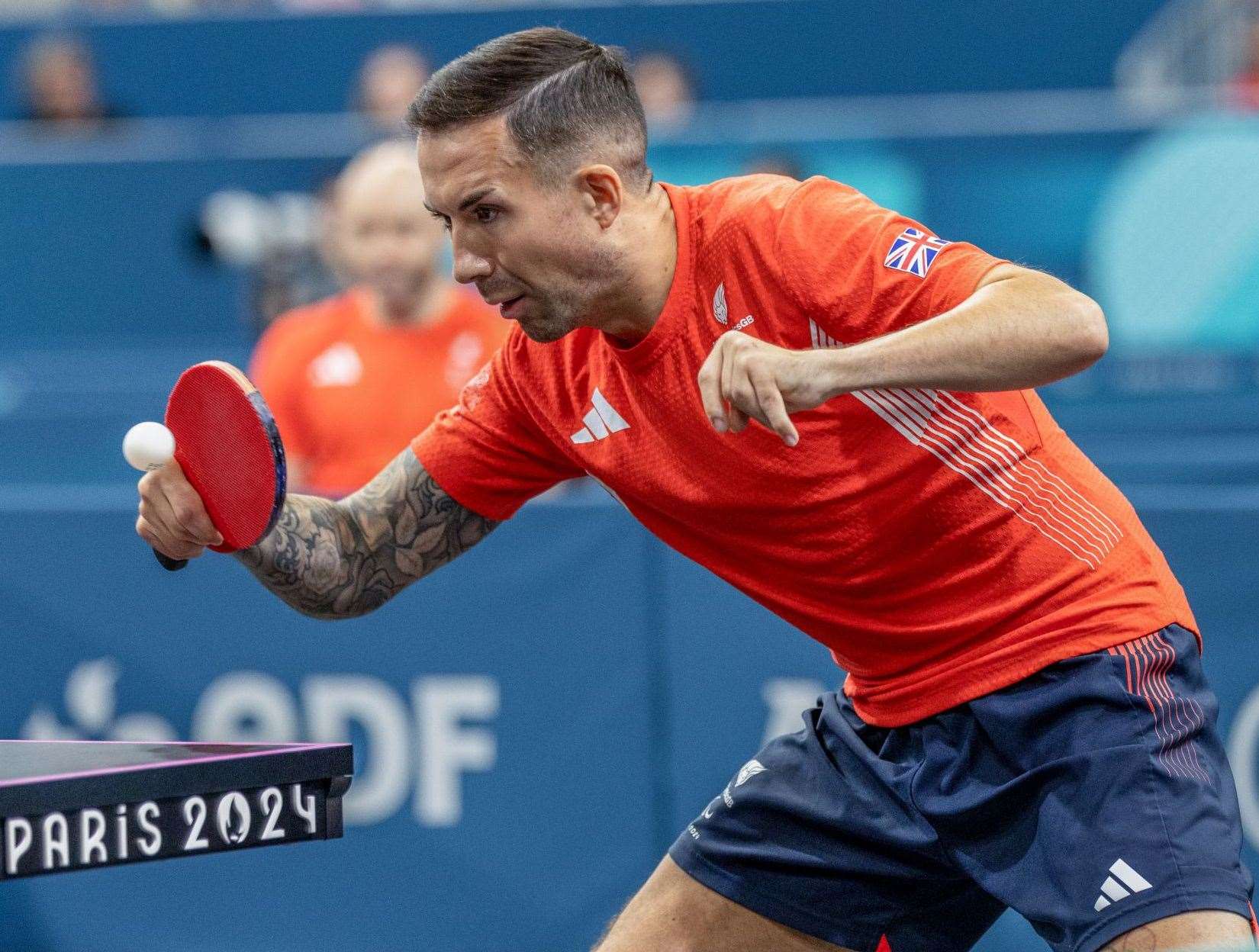 Tunbridge Wells' Will Bayley in action against former Paralympic champion Stephane Messi in the class 7 singles at the Paris Paralympics. Picture: Michael Loveder