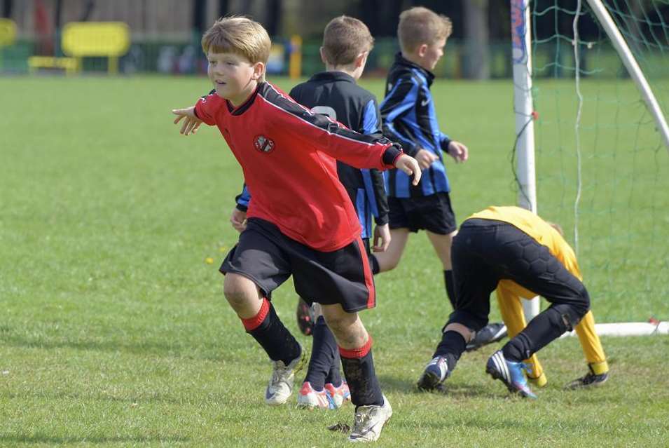 Josh Bailey celebrates scoring for Rainham Kenilworth under-10s Picture: Andy Payton