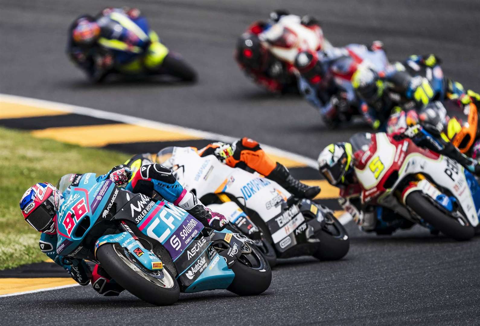 Dover's Aspar Team rider Jake Dixon (No.96) in the heat of battle at Mugello. Picture: Aspar Team