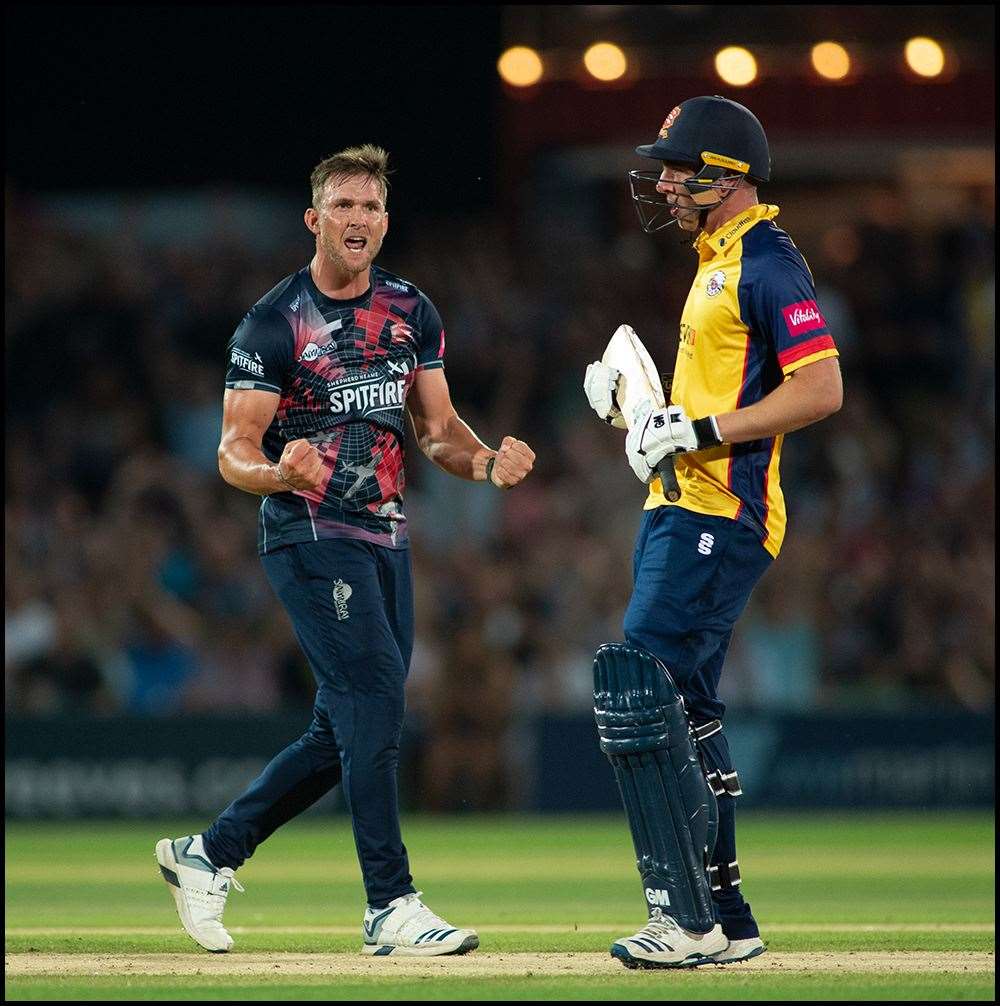 Hardus Viljoen celebrates a wicket for Kent against Essex. Picture: Ady Kerry