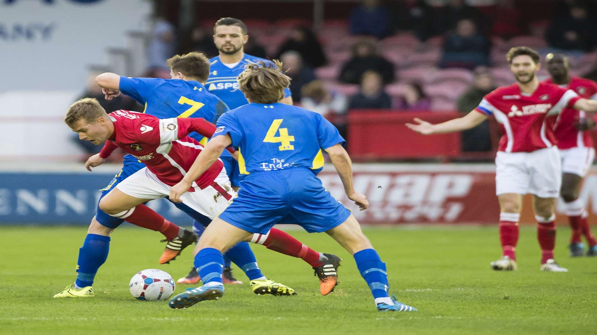 Two-goal Jordan Parkes takes on Lewis Taaffe (7) and Jay Dowie (4) Picture: Andy Payton