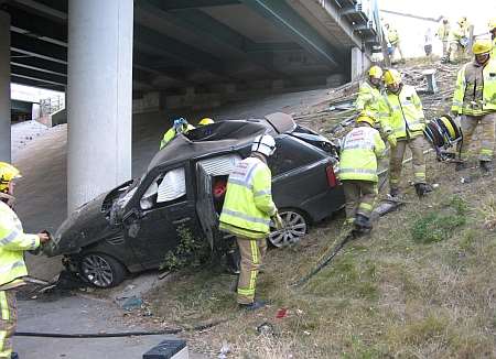 The scene after a car came off the M2 in Medway