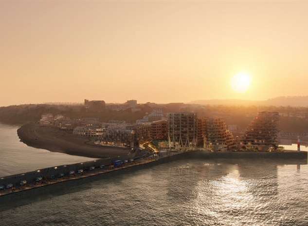 Image showing the proposed Folkestone seafront development – stretching from the already-built Shoreline Crescent flats on the left, to the tower blocks on the harbour arm car park on the right