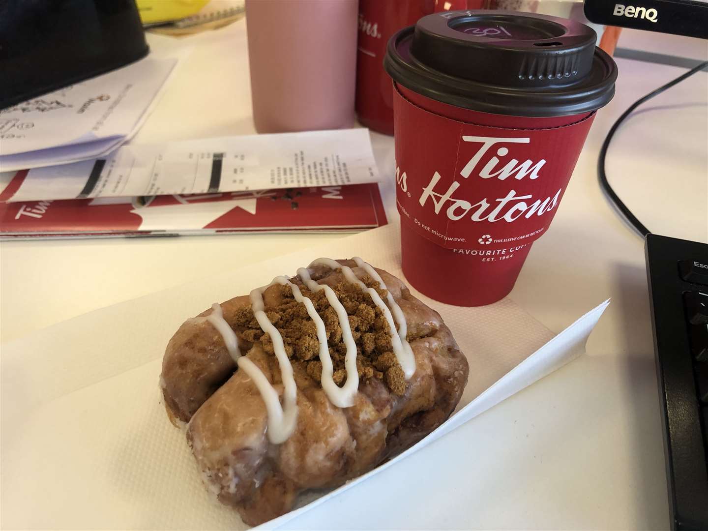 My caramel apple fritter doughnut and French vanilla drink