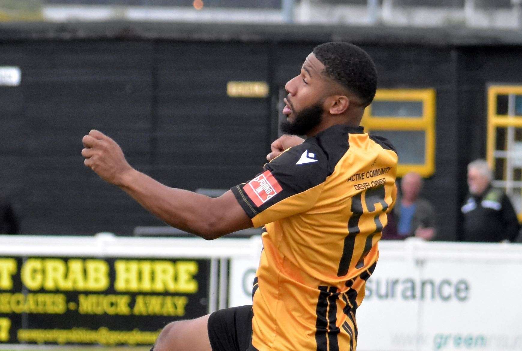 Folkestone substitute Ellis Brown leaps off the ground against the Millers. Picture: Randolph File