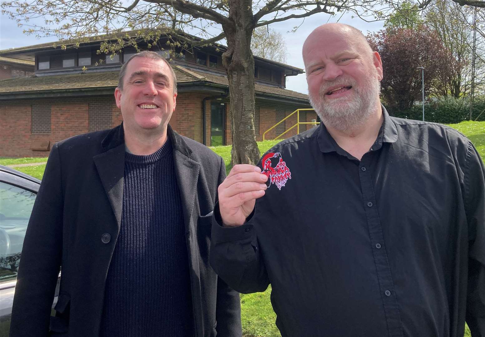 Simon Lock and John Biggs, pictured with their logo for The Dracula Parrot, the bar which they hope to open in Snargate Street, Dover