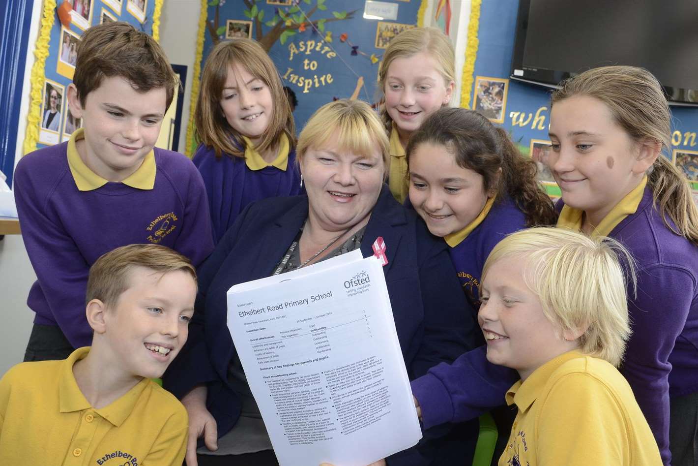 Headteacher Samantha Fenn celebrates with some of the pupils at Ethelbert Road