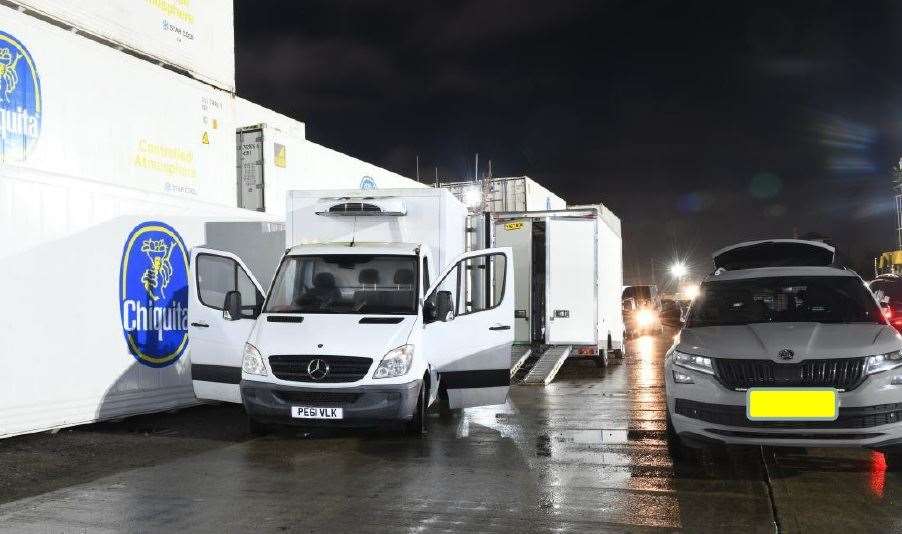 The gang’s vans at the docks after their arrest in 2021. Picture: NCA