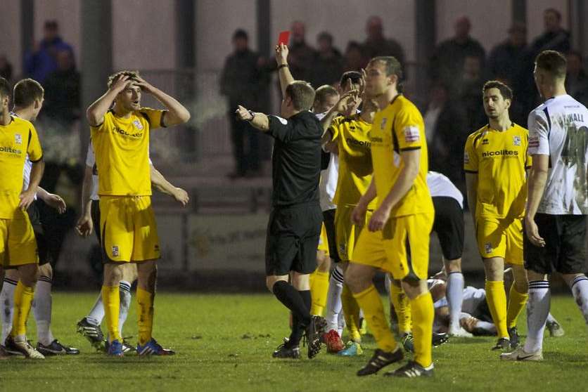 Woking's Joe Jones receives his marching orders (Pic: Andy Payton)