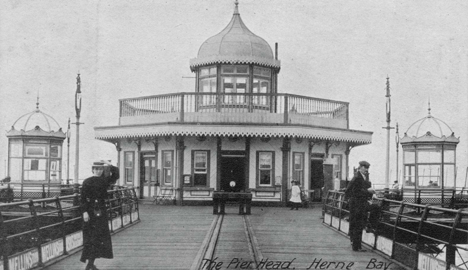 Herne Bay pier head taken around 1909. Buffers can be clearly seen in front of the cafe and rails for the electric tram. Picture: Barry Mount