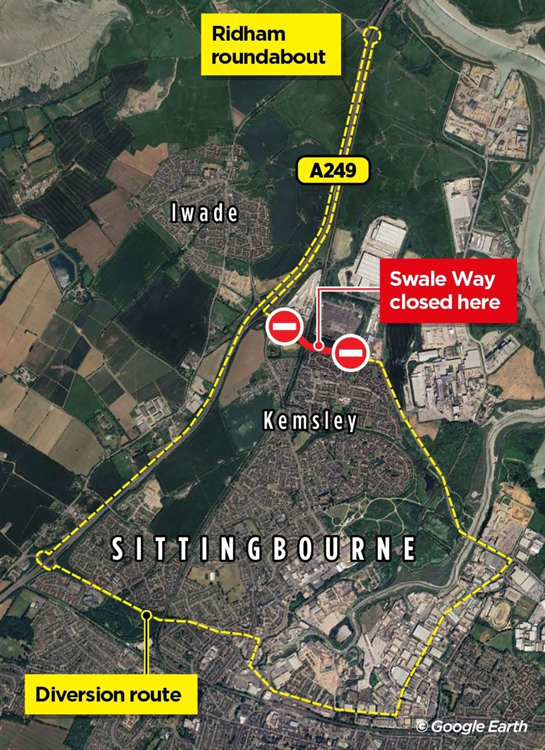 Where Swale Way will be closed and the diversion route