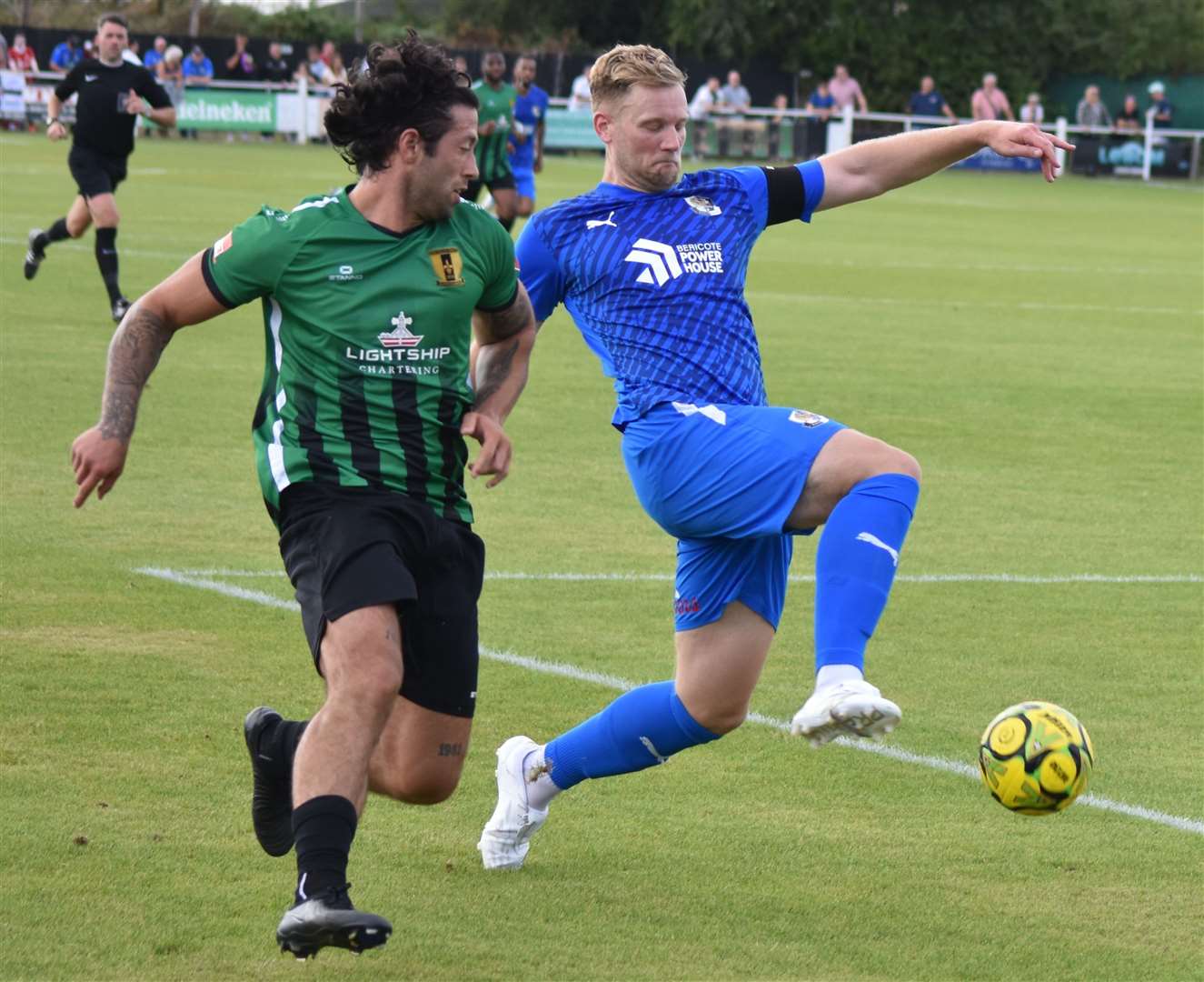 Dartford captain Josh Hill gets ahead of Cray Valley’s Freddie Parker on Saturday. Picture: Alan Coomes