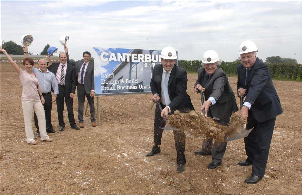 Mark Quinn, Cllr Mark Dance and Cllr John Gilby perform the ground-breaking ceremony at the Canterbury Business Park site at Bridge