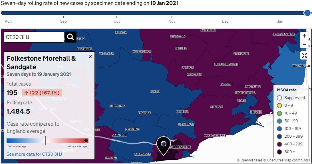 This map shows the rise in Covid cases in the area in Folkestone where the barracks are located. Picture: coronavirus.data.gov.uk