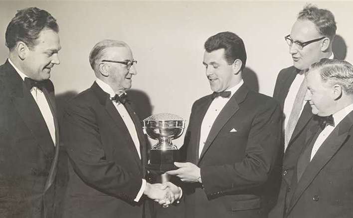 Michael Jennings was presented with the trophy by Gravesend Swimming Club members in October 1960. Photo credit: Michael Jennings