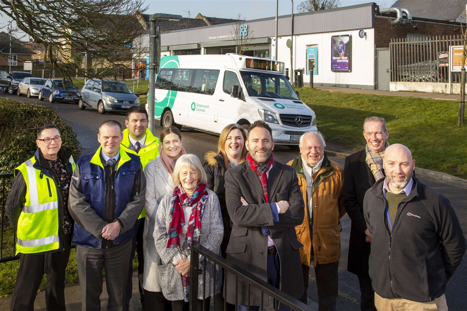 Representatives from Stagecoach, Dover District Council and Aylesham Parish Council with the new Demand Responsive Transport vehicle for on-demand bus services. Picture: Dover District Council Stagecoach South East managing director Joel Mitchell with DDC leader Cllr Trevor Bartlett, DDC’s cabinet member for transport Cllr Martin Bates, Stagecoach’s Dover operations team, members of DDC’s communities team and Cllr Kay Sutcliffe from Aylesham Parish Council. Picture: Dover District Council