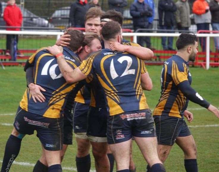 Tonbridge Juddians celebrate a try at Blackheath