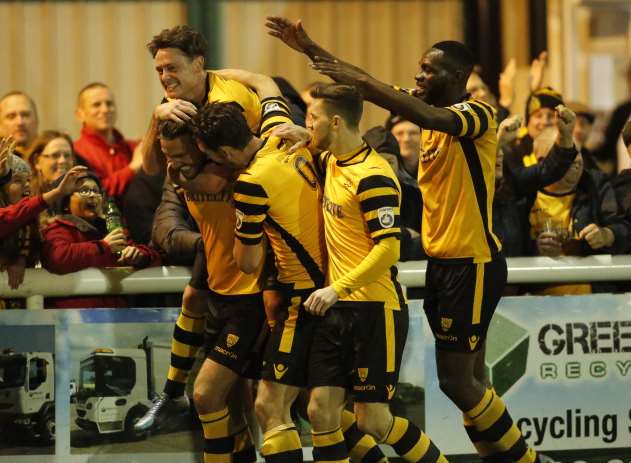 Maidstone celebrate Jamie Coyle's opener Picture: Martin Apps