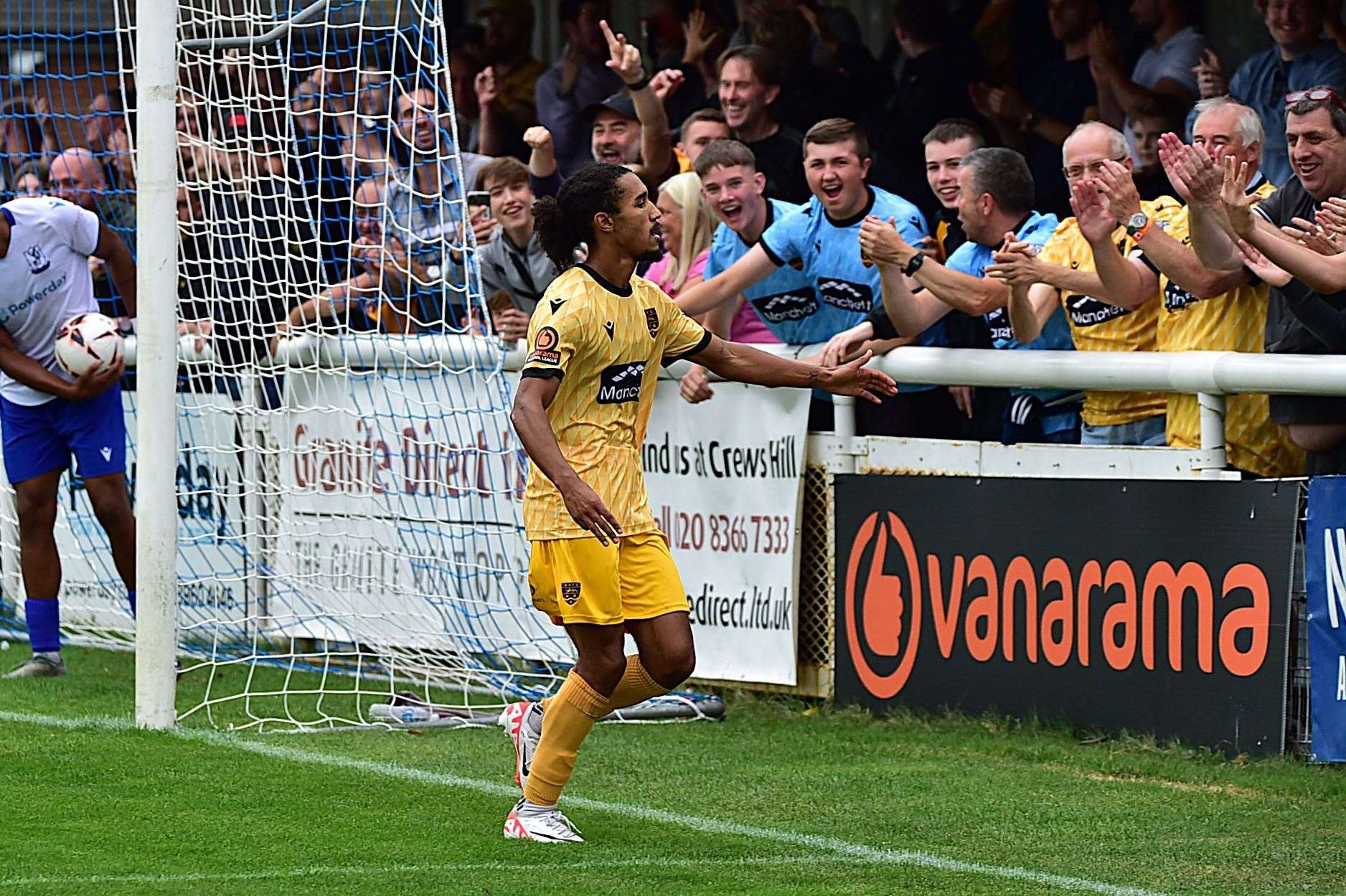 Maidstone United striker Aaron Blair celebrates his hat-trick goal in the 4-1 win at Enfield Town. Picture: Steve Terrell