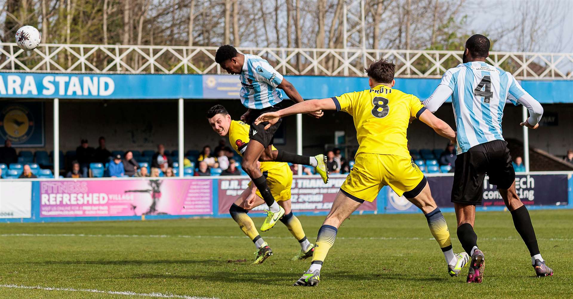 Maidstone centre-back Raphe Brown power home the winner. Picture: Helen Cooper