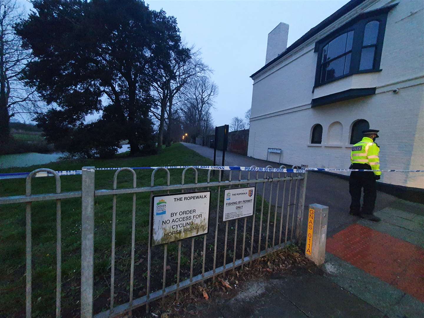 The cordon is in place along the Rope Walk which is next to the River Stour in Sandwich