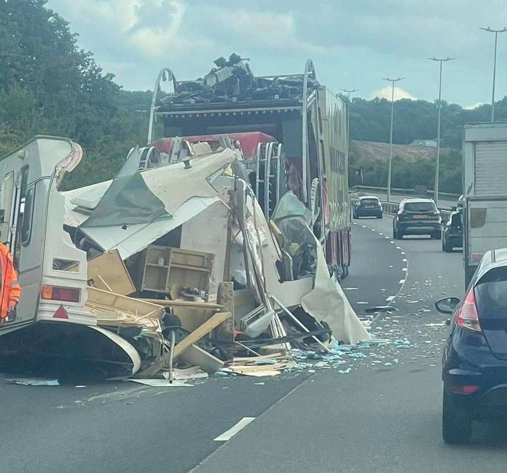 A caravan has been badly damaged in the incident. Picture: Darren Elliott