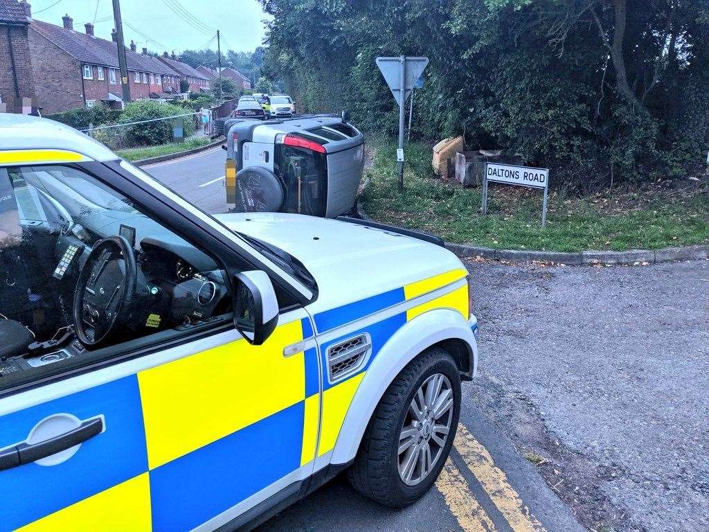 A 4x4 was left on its side after a collision. Picture: Kent Police (12977069)