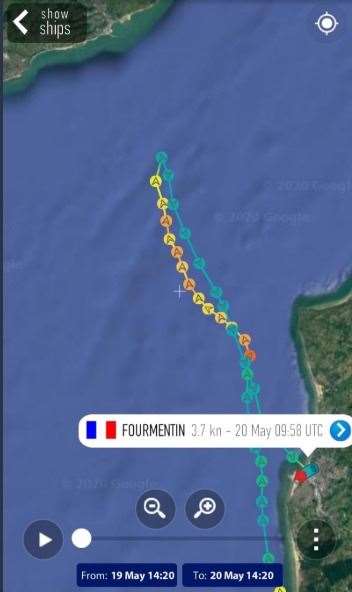 The route of the French law enforcement ship Furmentin yesterday