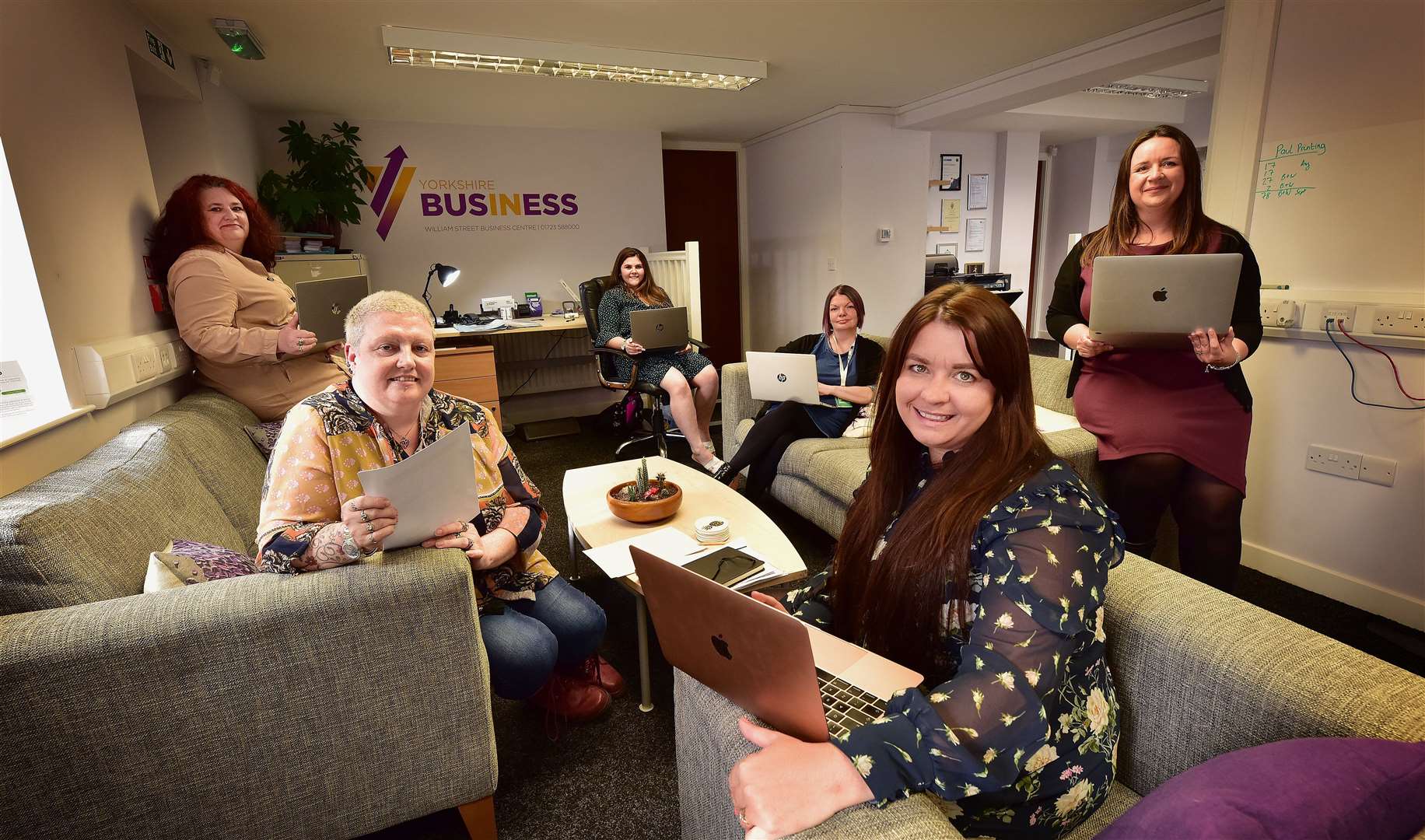 Yorkshire In Business CEO Jennifer Crowther with safely socially distanced staff Joanne Greenwood, Tracie Marson, Holly Ford, Emma Jane Ward and Gail Wilks