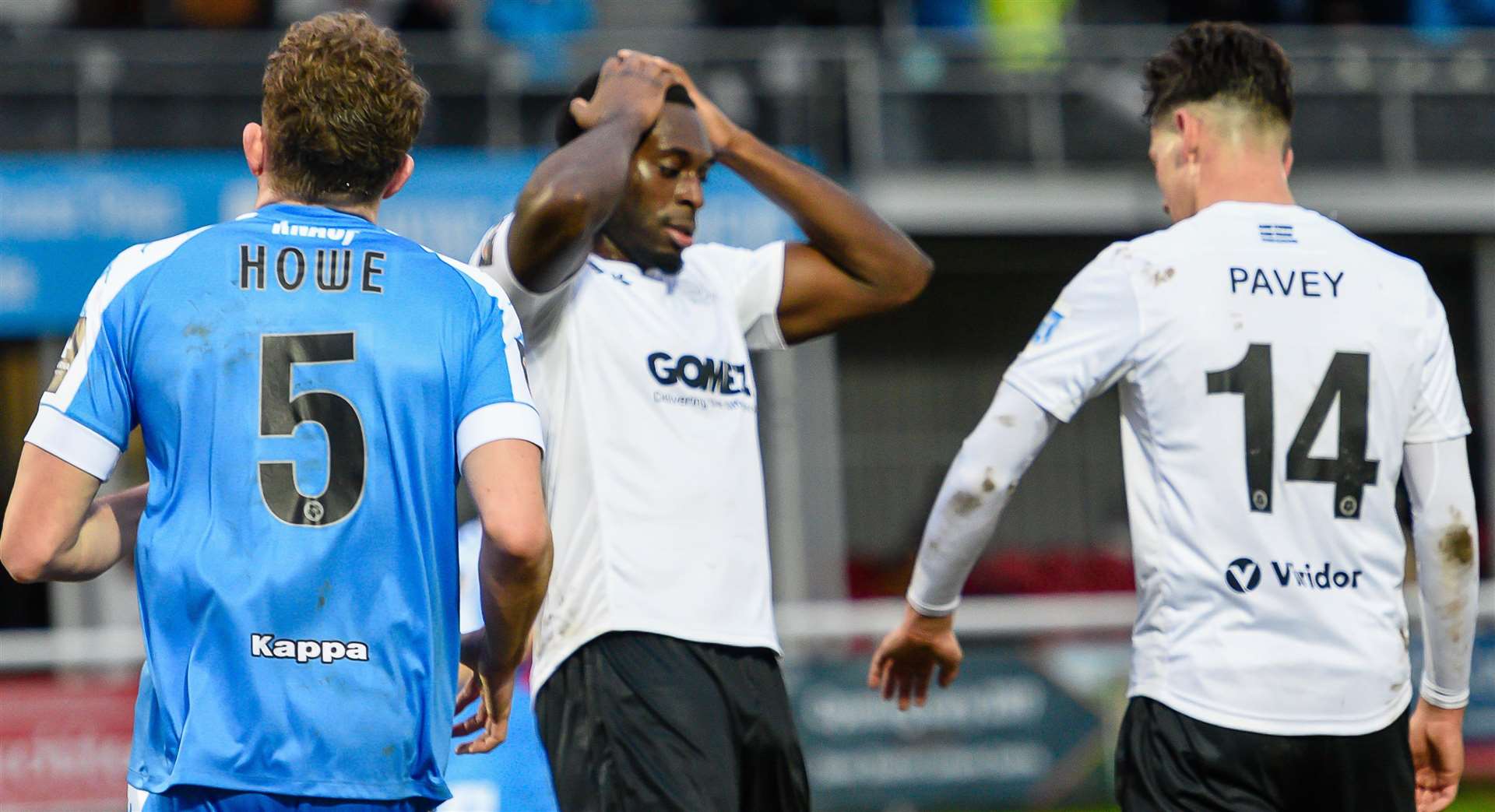 Dover top scorer Inih Effiong rues a chance that got away. Whites have managed just six goals in their last six league games Picture: Alan Langley