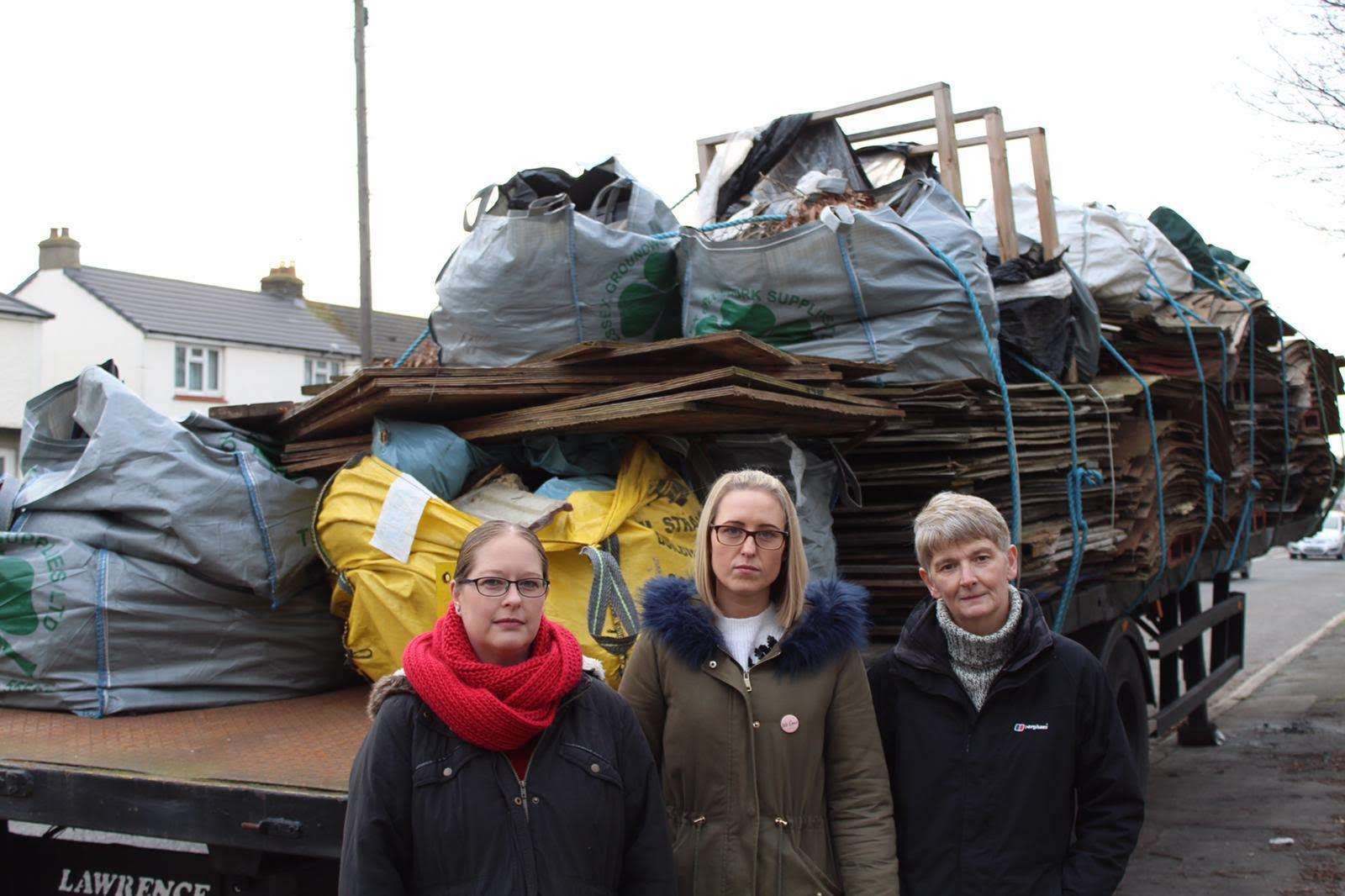 Stone Castle Labour candidates Mandy Garford, Rachael Martin-Smith and Catherine Stafford in front of the trailer in Greenhithe