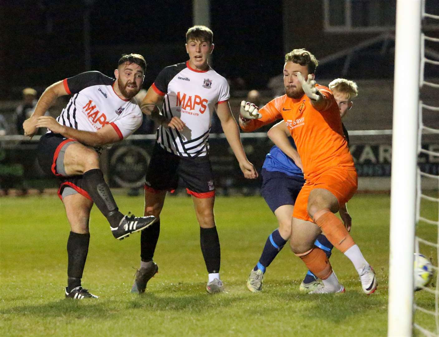 Deal striker Connor Coyne fires home from close range against Faversham Strike Force in the Challenge Cup last October. Picture: Paul Willmott