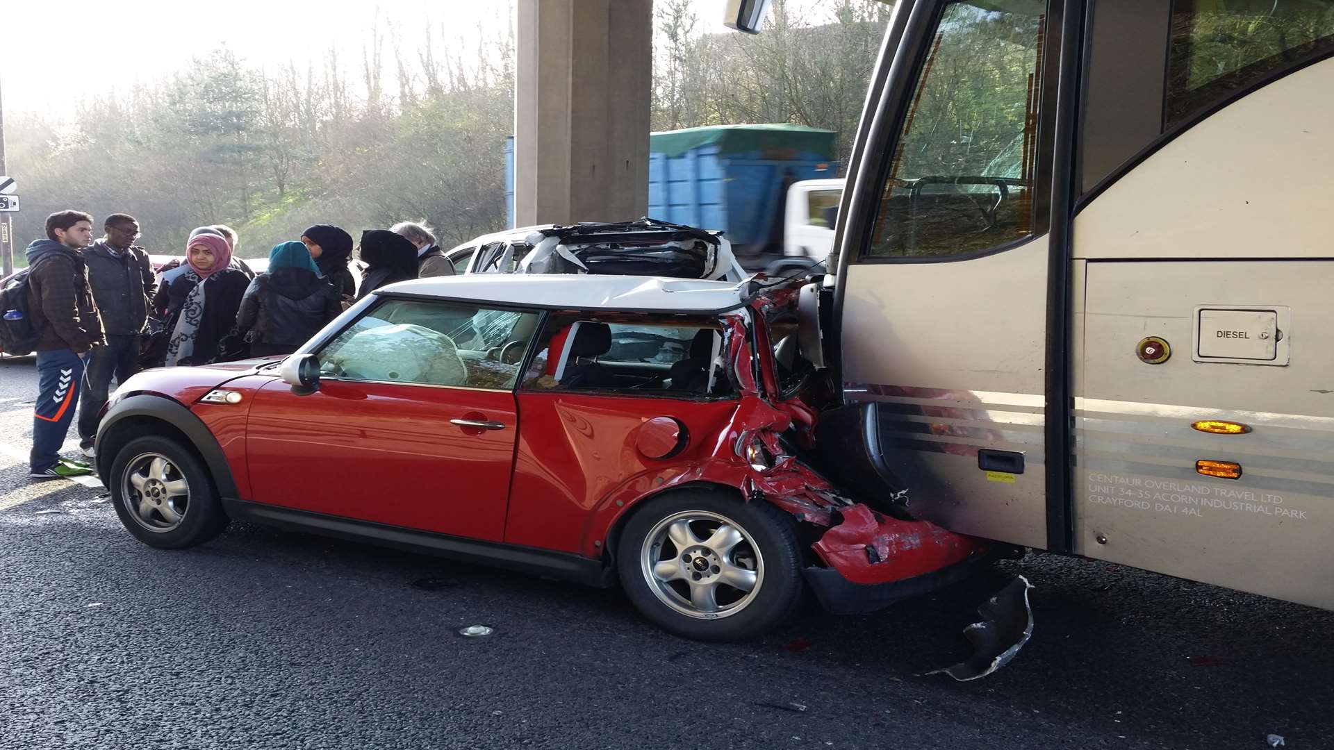 Coach has gone into the back of a Mini on the A289 Wainscott bypass