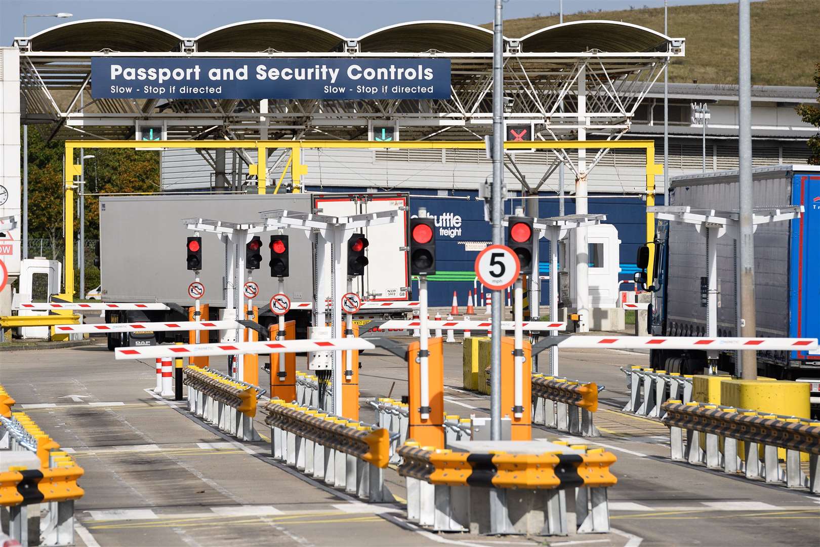 Goods vehicles pass through the "pitstop" area, ahead of boarding the trains to France. Picture: Leon Neal/Getty Images