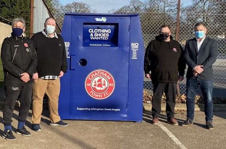 Chatham Town director of football Carl Laraman, CTFC mental health ambassador Russell Kimble, Neil Charlick from Gillingham Street Angels and chairman Kevin Hake