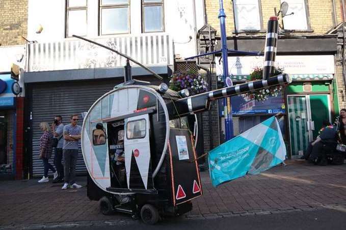 Tim Bell's mobility scooter replica helicopter in Sheerness carnival. Picture: John Nurden