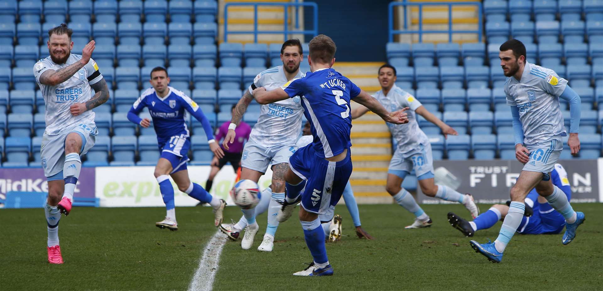 Jack Tucker opens the scoring for Gillingham. Picture: Andy Jones