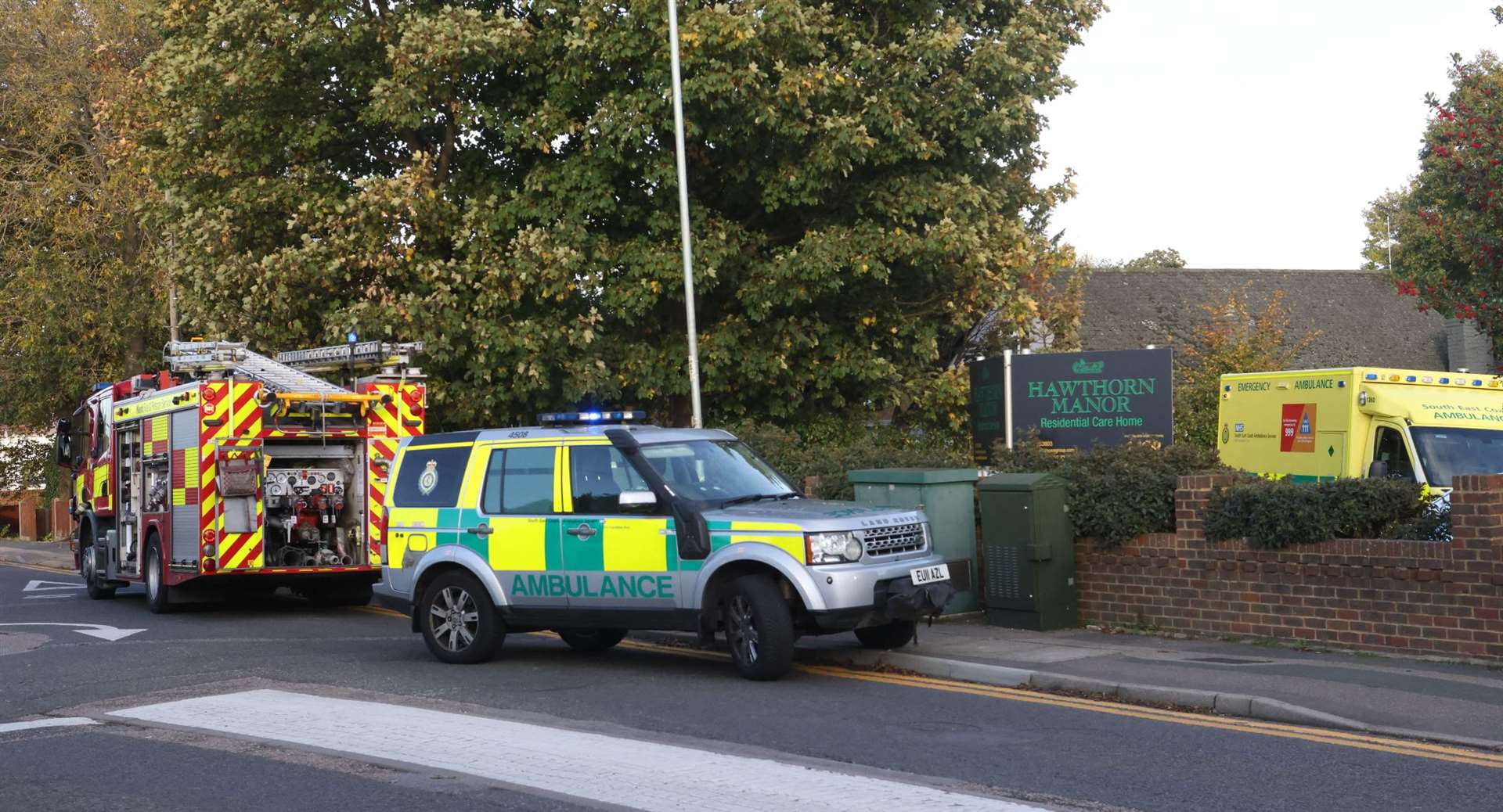 Firefighters, police and paramedics outside the Hawthorn Manor care home in Gillingham where a car smashed into the front of the building. Picture: UKNIP