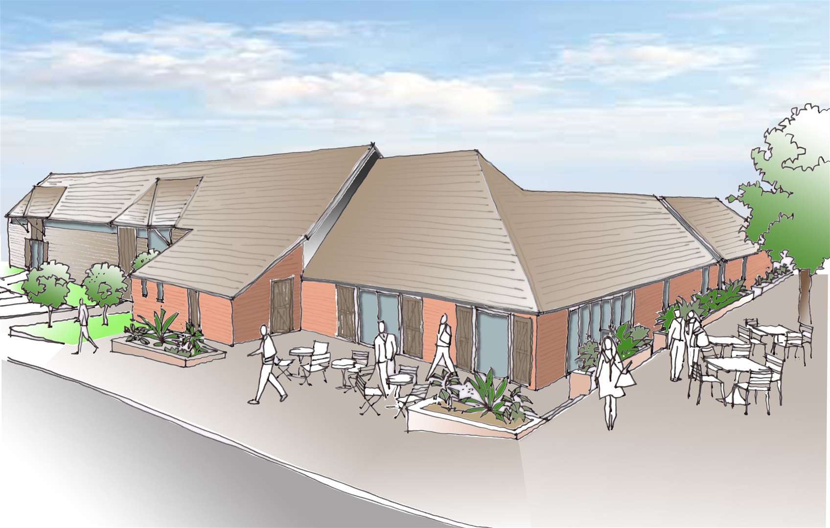 An artist's impression showing how the renovated Repton Manor Barns were set to look, but work never started