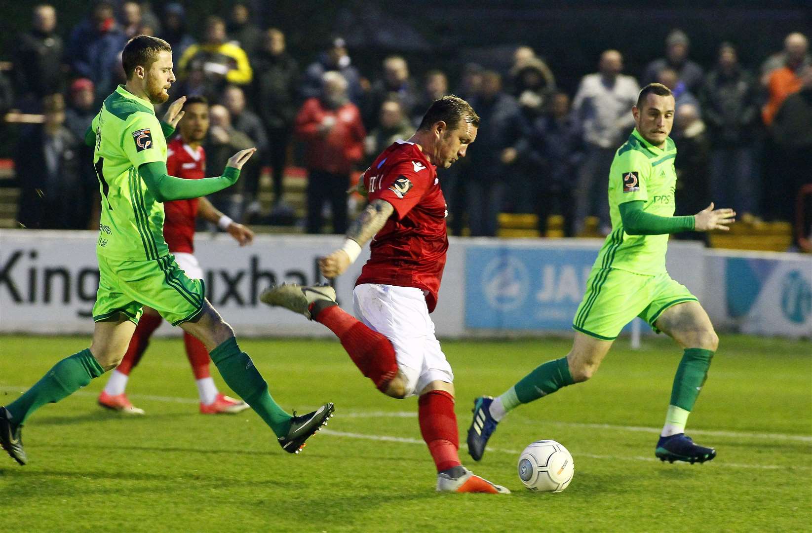 Danny Kedwell hits a shot towards the Halifax goal Picture: Sean Aidan