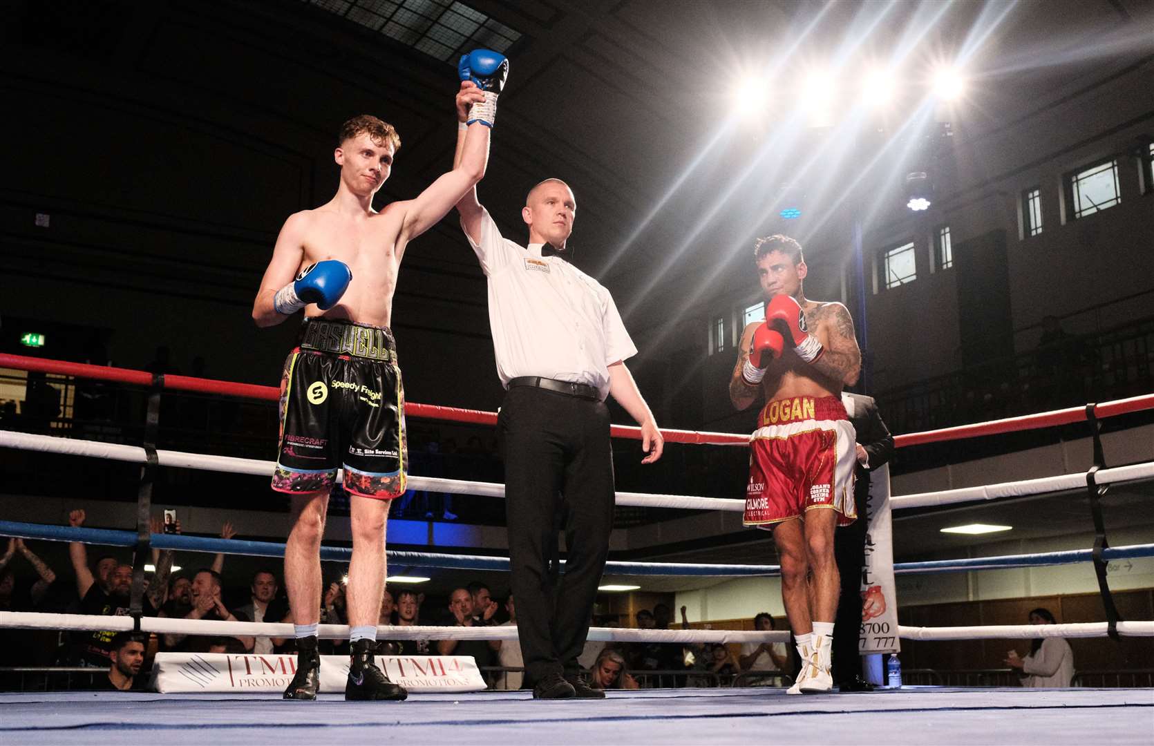 Referee Sean McAvoy raises Robert Caswell’s arm as he beats Logan Paling at York Hall after a stunning shot Picture: hwww.louisjamesphoto.com