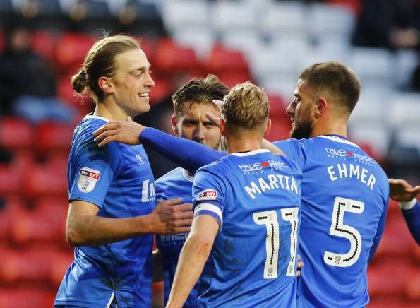 Gillingham celebrate Tom Eaves' goal Picture: Andy Jones