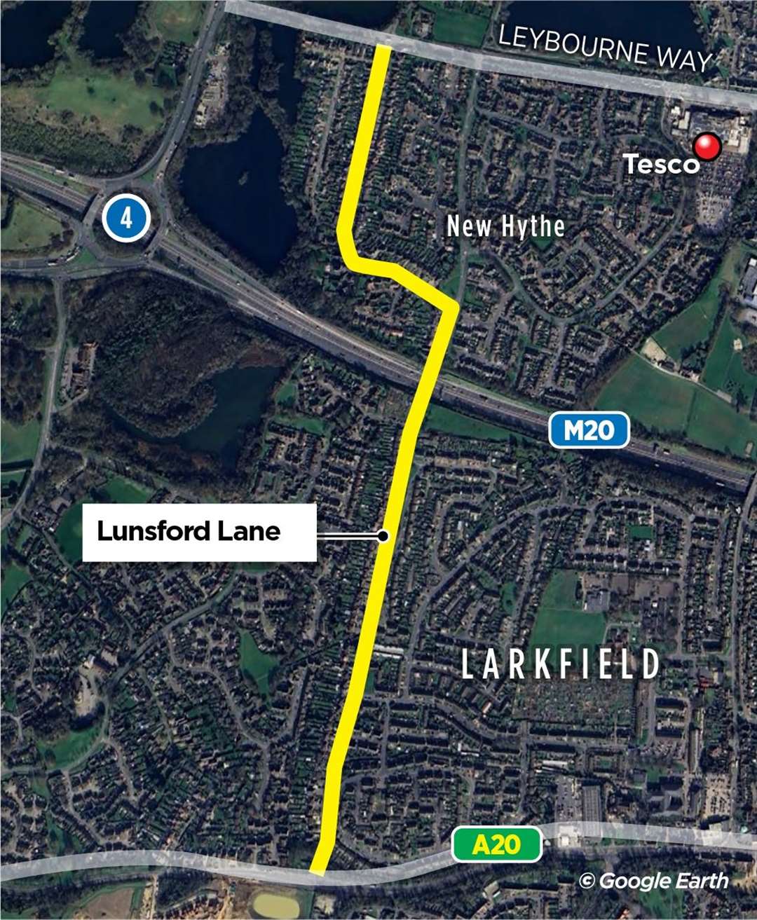 A map of Lunsford Lane which connects with the M20 and the A20