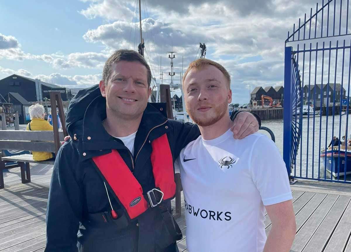 Dermot O'Leary and Crabworks co-boss Finley Gullett in Whitstable Harbour. Pic: Finley Gullett