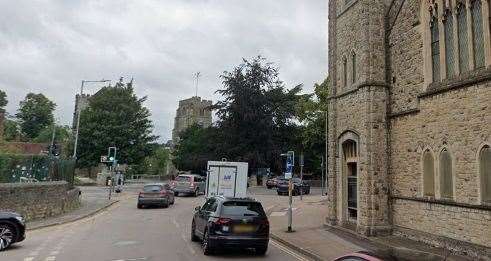 The attack happened in Knightrider Street, Maidstone, between Maidstone Baptist Church, right, and All Saints. Picture: Google