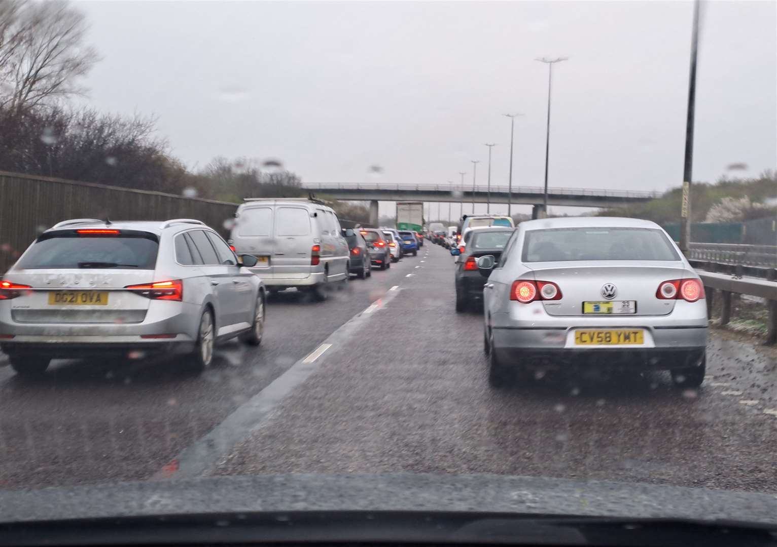 Queues on the Thanet Way between Herne Bay and Whitstable during preparation works ahead of the contraflow being introduced