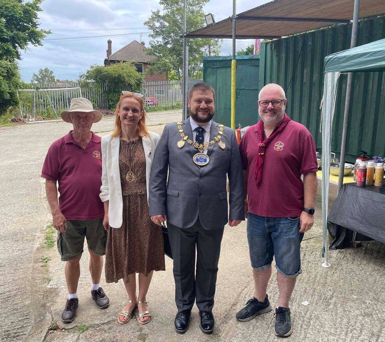 Mayor of Medway Cllr Marian Nestorov, mayoress Liubov Nestorov join chairman Michael Clark(left) and group scout leader Graeme Pryke for the celebrations