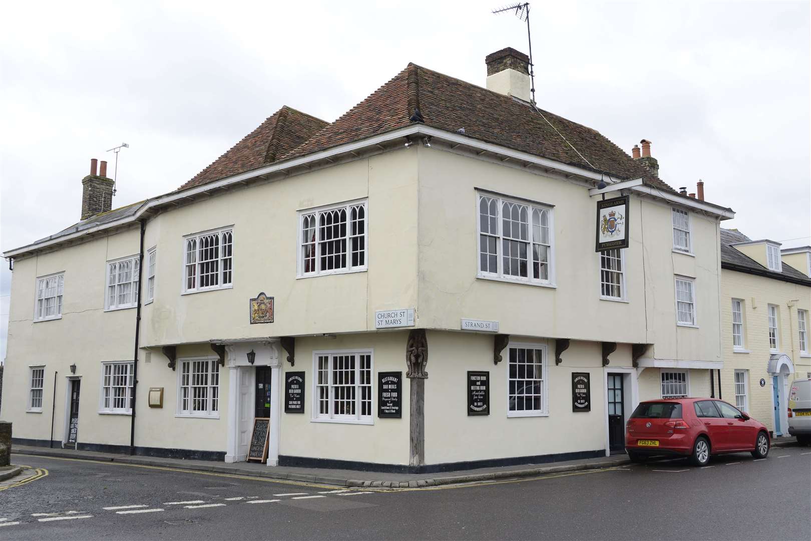 The door at the front of the Kings Arms Hotel on Strand Street is no longer used and nor is the door at the side of the restaurant so diners need to use the back door through the car park at the back