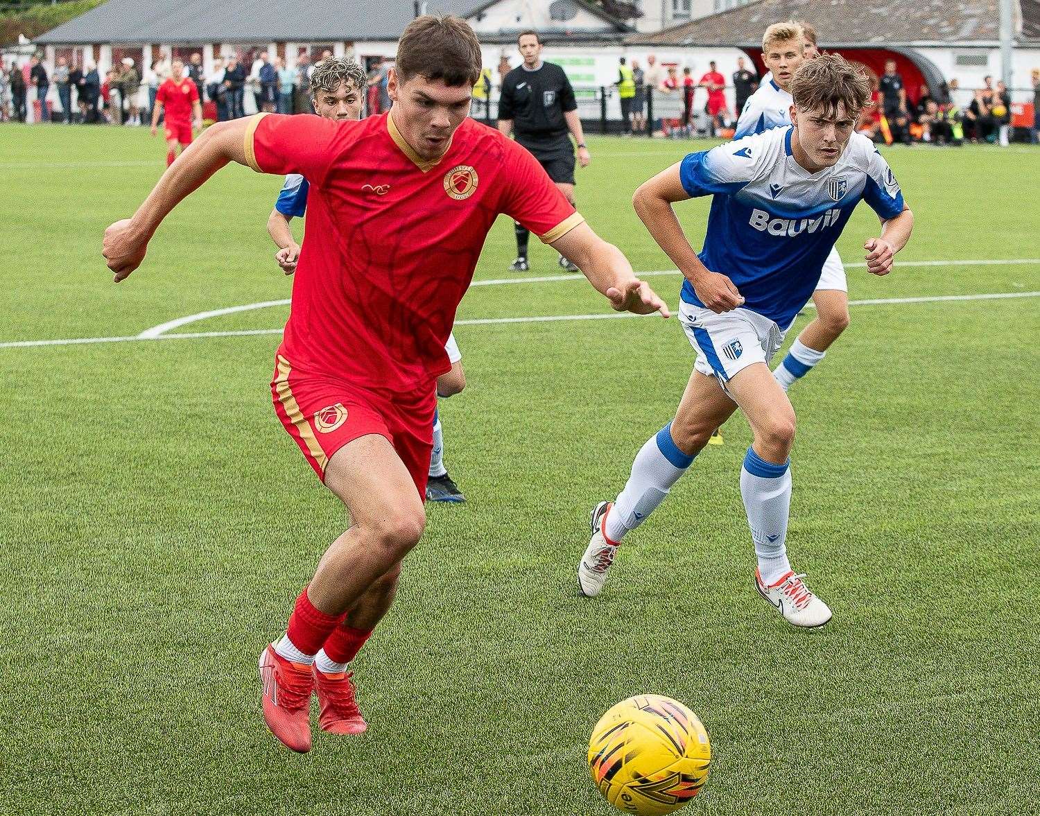 Harvey Smith drives forward for Whitstable against a Gillingham XI. Picture: Les Biggs